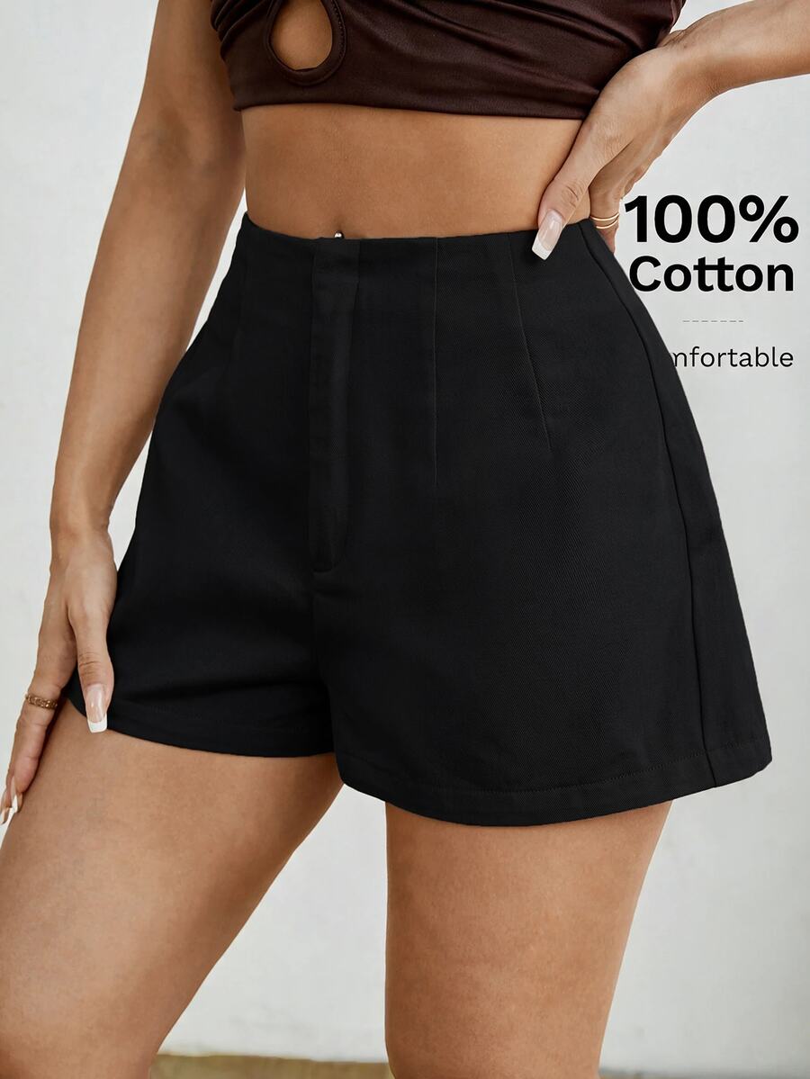 SHEIN PETITE Women's Solid Color Casual Versatile Daily Shorts - Black - View 1