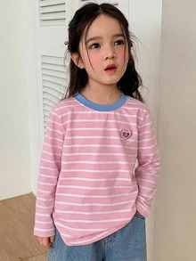 Dazy Kids 女童秋季休閒條紋長袖T恤 - 珊瑚粉 - 查看 3