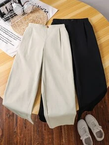 Kids 2pcs Tween Boy Casual Solid Color Mid-Waist Tapered Pants, Perfect For Winter Graduation And Back-To-School Season Photo Shoots - Multicolor - View 2