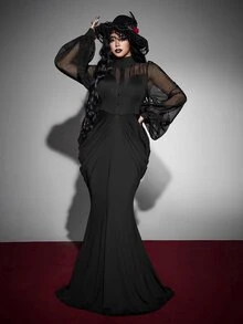 Whyspr Plus Size Black Fitted Long Sleeve Patchwork Halloween Long Dress For Women Fall - Black - View 1