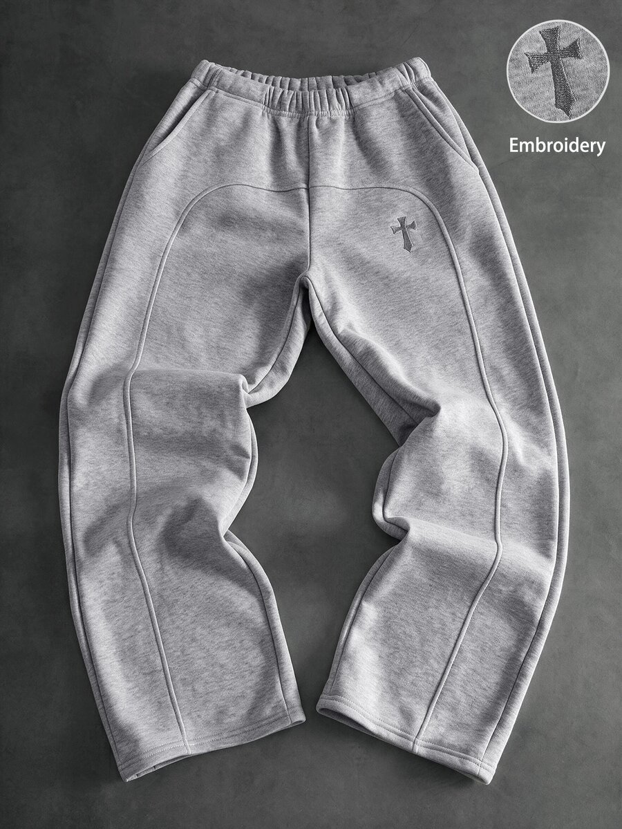 1pc Tween Boy High Street Fashion Grey Embroidered Pattern Design Straight Leg Pants With Front Curved Design, Novel And Stylish, Comfortable Fabric, Suitable For Versatile, New Arrival, Suitable For All Seasons - Grey - View 1