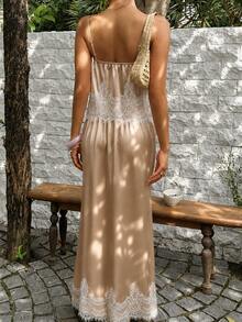 Sunnyshic Women's 2 Pieces Set: Satin Camisole Top & Lace Long Skirt - Champagne - View 2