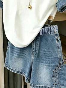 Tween Girl Bow And Denim-Effect Print Contrast Trim Tee & Shorts Set - Multicolor - View 3