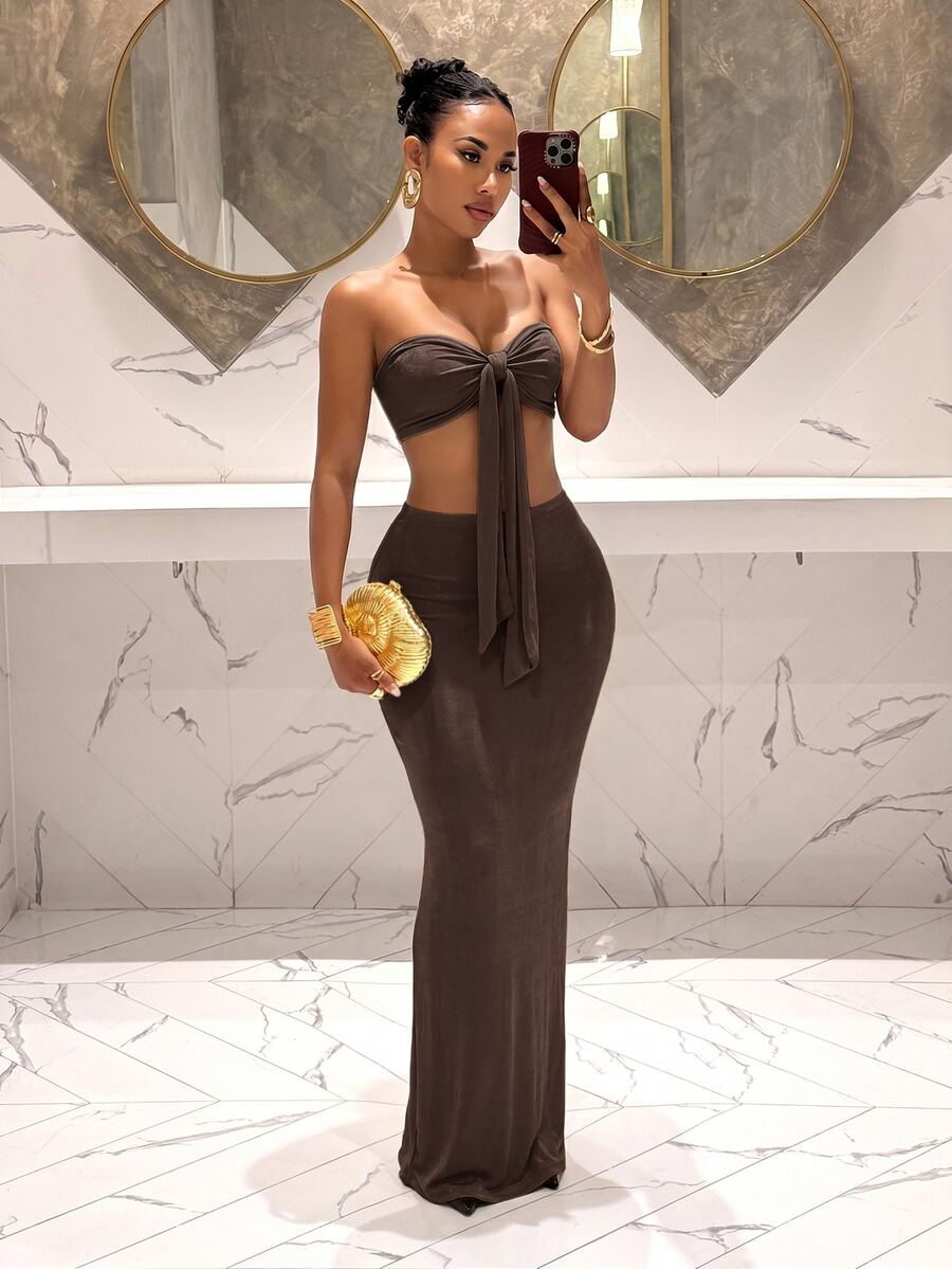 Slaydiva Elegant Spring/Summer Beach Vacation Look: A Tie-Front Strapless Mesh Leopard Print Top And A Fishtail Fitted Maxi Skirt. Also Includes A Women's Leopard Print Semi-Sheer Leopard Print Suit - A - Rust Brown - View 1