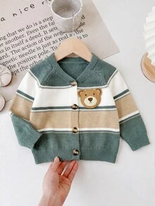 SHEIN Newborn Baby 3D Bear Pattern Colorblock Casual Daily Autumn Cardigan - Green - View 9