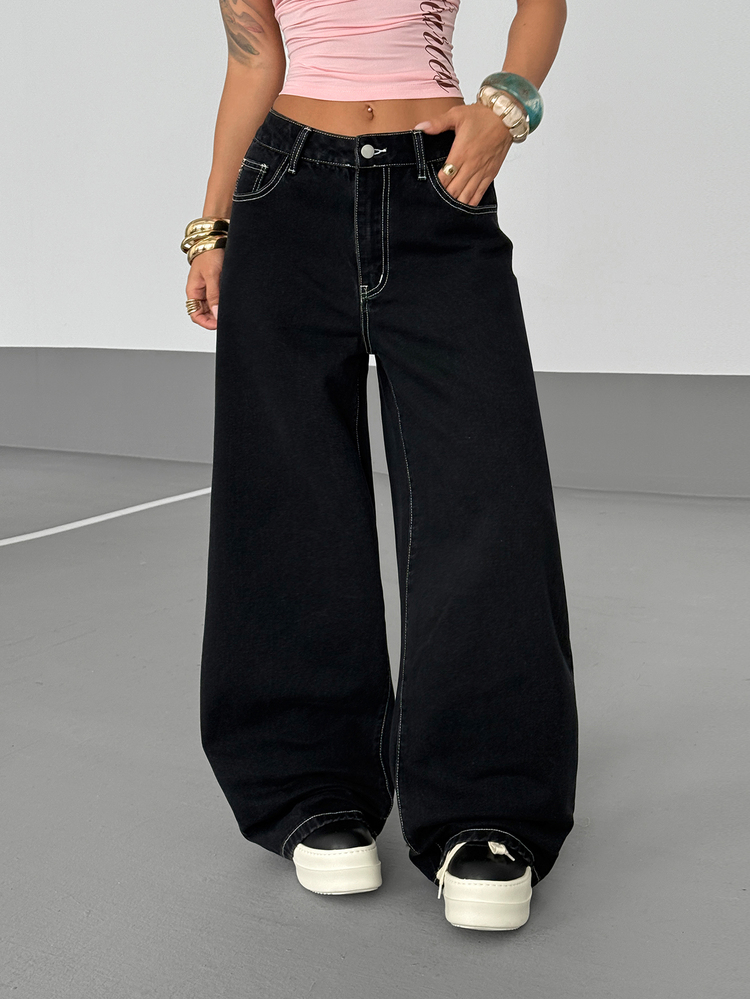SHEIN PETITE Women's Cross Embroidery Wide Leg Jeans - Black - View 13