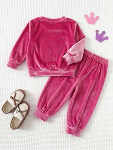 女嬰字母皇冠刺繡圖案天鵝絨圓領長袖套頭衛衣＋鬆緊腰長褲 2 件套，舒適百搭時尚可愛簡約休閒風，適合室內、戶外休閒、滑雪、開學、日常、運動、玩耍、派對、情人節等多種場合 - 彩色 - 查看 2