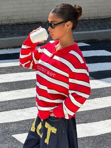 Muchica Women's Autumn/Winter New Casual Loose Red Striped Letter Embroidered Polo Collar Sweater - Red - View 6