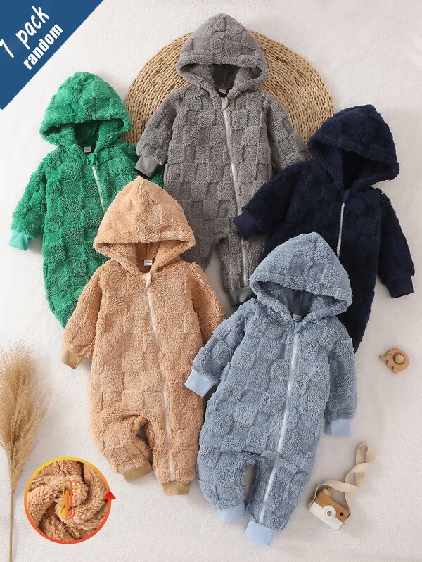 [1pack Random Selection]Double-Sided Fleece Jacquard Hooded Long Sleeve Footed Pants, Best Gift For Baby Boys, Autumn/Winter Season, Versatile & Fashionable, Best Choice