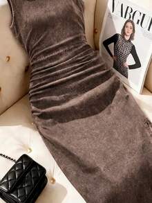 SHEIN MOD 女款方領百褶修身無袖休閒牛仔洋裝 - 棕色 - 查看 3