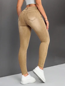 SHEIN PETITE 女款時尚百搭鈕扣口袋緊身牛仔褲 - 卡其色 - 查看 2