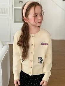 THE POWERPUFF GIRLS X DAZY Tween Girl Cartoon Embroidered Round Neck Long Sleeve Cardigan, Autumn/Winter - Apricot - View 6