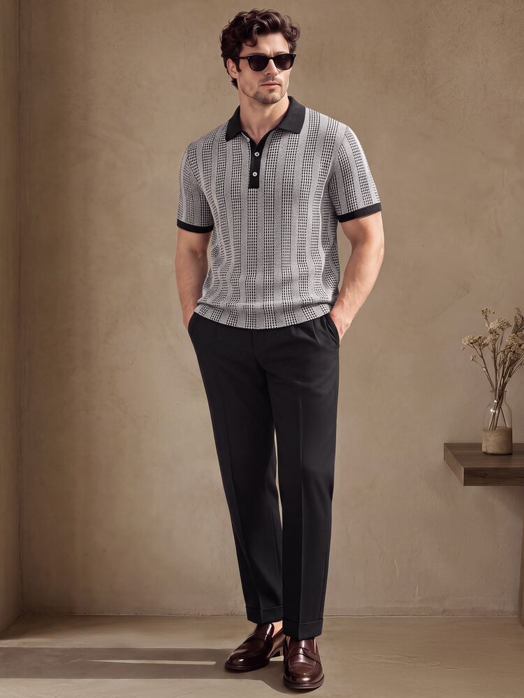 Core Aspect 2026 Spring Summer Houndstooth Vertical Stripe Knit Polo Shirt | Black White Contrast Collar Smart C - Black - View 5