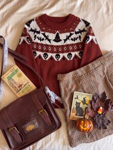 Elamini Women's Burgundy Holiday Autumn/Winter Spooky Halloween Pattern Sweater. Halloween Essentials. - Multicolor - View 4