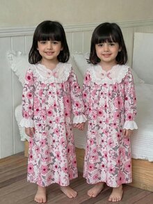 SHEIN LMoss Kids 少女寬鬆休閒蕾絲拼接碎花居家服 - 粉色 - 查看 8