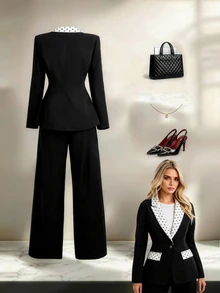Yalmera Plus Size Women's Elegant Polka Dot Print Patchwork Blazer And Simple Long Pants Suit Set, Suitable For Workplace Office Formal Commute, Black Summer - Black - View 2