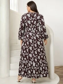 Comfylo 大尺碼度假風花卉印花長袖洋裝 - 棕色 - 查看 2