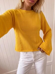Avantive Sweater Kasual Lengan Panjang Bahu Longgar Warna Polos untuk Wanita, Cocok untuk Makan Siang Thanksgiving, Warna Kuning Mustard, dan Musim Gugur. - Kuning - View 4