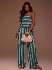 MUSERA Beaded Detail Textured Multicoloured Fitted Triangle Halterneck Top Coord Top Only Summer Spring - Green - View 6