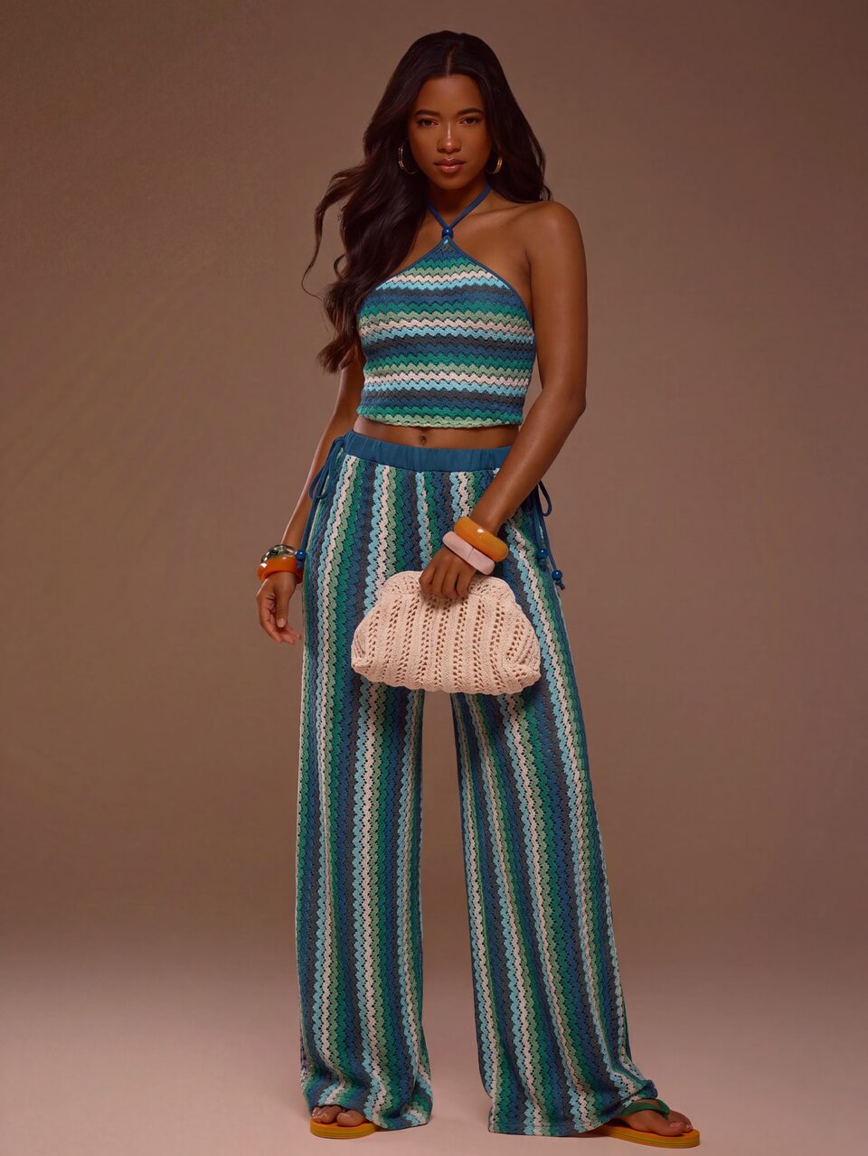 Beaded Detail Textured Multicoloured Fitted Triangle Halterneck Top Coord Top Only Summer Spring