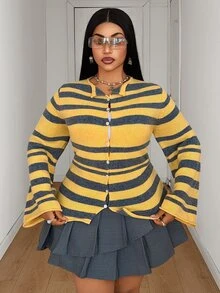 Maweii Sweater Pullover Bergaris Wanita, Pakaian Rajut, Ukuran Besar - Kuning - View 3