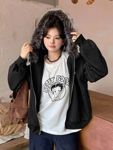 Dazy Plus Plus Size Thermal Lined Thick Letter Print Patchwork Fur Collar Hooded Sweatshirt, Autumn/Winter Streetwear Casual Design - Black - View 9