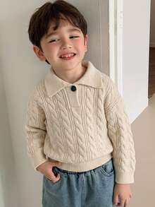DAZY Atasan Sweater Rajut Tebal Longgar Kasual Musim Gugur/Dingin untuk Anak Laki-laki (Ukuran Kecil), Kerah Lipat, Gaya Dasar Aprikot - Aprikot - View 5
