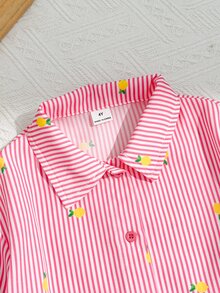 SHEIN 少女可愛時尚休閒百搭翻領條紋水果圖案落肩寬鬆長袖襯衫，學院風，返校季 - 粉色 - 查看 5