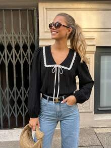 SHEIN PariChic Women's Casual French Elegant Lace Trim Blouse, Autumn Everyday Date Black And White - Black - View 5