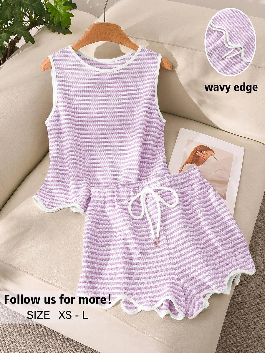 Story & Sage 休閒居家度假女款兩件套，春夏配色滾邊紫色與白色無袖背心與口袋短褲套裝，居家休閒 - 淡紫色 - 查看 1