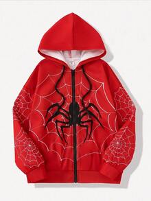 SHEIN EZwear 女款休閒拉鍊寬鬆連帽衛衣，蜘蛛印花，秋季服飾，Y2K通勤穿搭，基礎款，復古，萬聖節裝扮，紅白色 - 彩色 - 查看 10