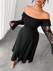 Cravure Plus Size Women's Off-Shoulder Contrast Lace Long Dress Fall - Black - View 7
