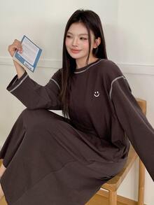 Dazy Plus Pattern Print Contrast Color Stitch Design T-Shirt Style Long Nightgown Loungewear Dress Fall - Brown - View 4