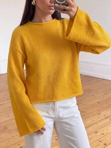 Avantive Sweater Kasual Lengan Panjang Bahu Longgar Warna Polos untuk Wanita, Cocok untuk Makan Siang Thanksgiving, Warna Kuning Mustard, dan Musim Gugur. - Kuning - View 5