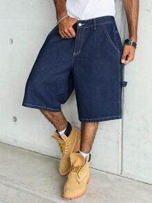 Manfinity Homme Men's Street Style Casual Multi-Pocket Cargo Blue Plus Size Denim Shorts - Dark Wash - View 1