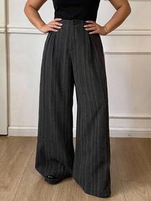 Dazy Plus Autumn Spring Loose Business Casual Striped Suit Pants Straight Wide Leg Trousers Commute Elegant Long Pants - Dark Grey - View 4