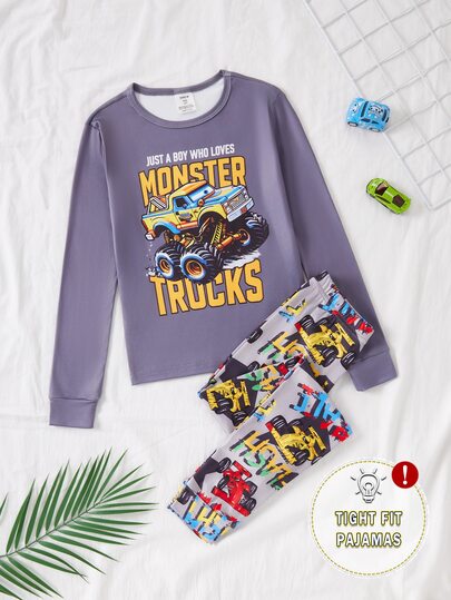 SHEIN Tween Boys Truck Print & Colorful Sports Car Long Sleeve Top And Pants 2 Pieces Set, Soft & Comfortable Fitted Loungewear Pajamas, Style, Perfect Gift For Boys