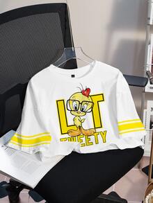 LOONEY TUNES X SHEIN 女款夏季休閒卡通印花短版T恤 - 白色 - 查看 6
