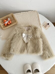 LMoss Kids Young Girl Woven Solid Kids Color Faux Fur Bow Casual Winter Jacket - White - View 6