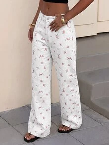 SHEIN Tall 女款時尚花卉印花鈕扣口袋牛仔褲 - 彩色 - 查看 5