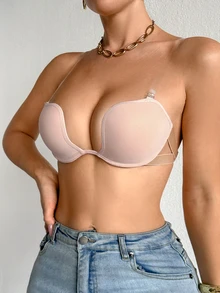 SHEIN 1件式鋼圈聚攏透明肩帶內衣 - 珊瑚粉 - 查看 6