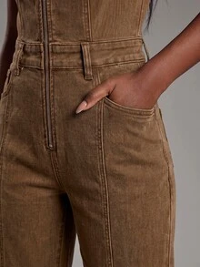 NYA SZN Women's Casual Washed Denim Jumpsuit - Brown - View 5