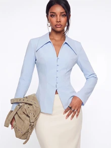 Avantive Women's Elegant Commute Solid Color Waist-Cinching Top - Baby Blue - View 2