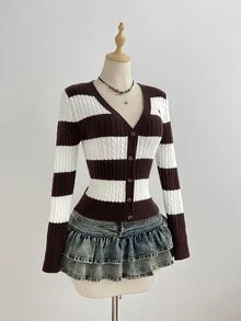 Elamini Women's Casual Versatile Contrast Stripe Classic Cable Knit Daily Commute Autumn/Winter Cardigan Sweater - Coffee Brown - View 5