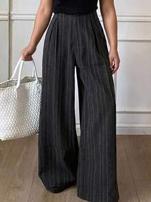 Dazy Plus Autumn Spring Loose Business Casual Striped Suit Pants Straight Wide Leg Trousers Commute Elegant Long Pants - Dark Grey - View 6
