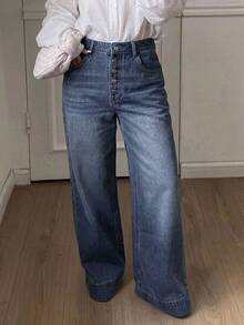 Dazy Plus Vintage Washed Distressed Multi-Button Loose Straight Leg Wide Leg Long Denim Pants All Season Fall - Dark Wash - View 4
