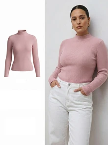 Dazy Plus Solid Color Casual Ribbed Fitted Elegant Versatile Mock Neck Pink Sweater Pullover Autumn/Winter - Pink - View 2
