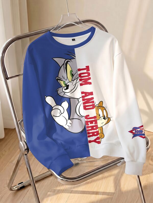 TOM & JERRY X SHEIN 女款可愛卡通印花拼色圓領長袖運動衫