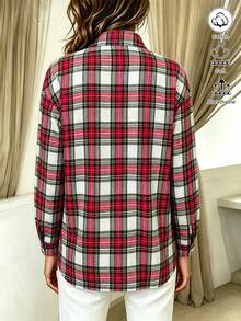 SHEIN New Elegant Preppy 70s Casual Autumn Formal Basic Long Sleeve Plaid Commuter Simple Red And White Plaid Women's Shirts Weekend Everyday Thanksgiving - Multicolor - View 2