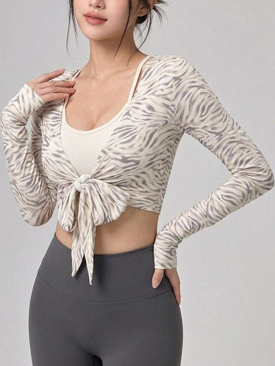 DAZY Versatile Korean Style Zebra Print Lace-Up Long Sleeve Sports Top Fall - Beige - View 1
